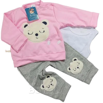 conjunto babysueños niña, rosado gris, osa durmiendo