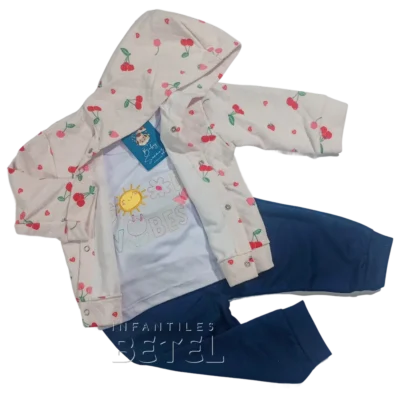 conjunto baby sueños niña, azul, beige, cerezas